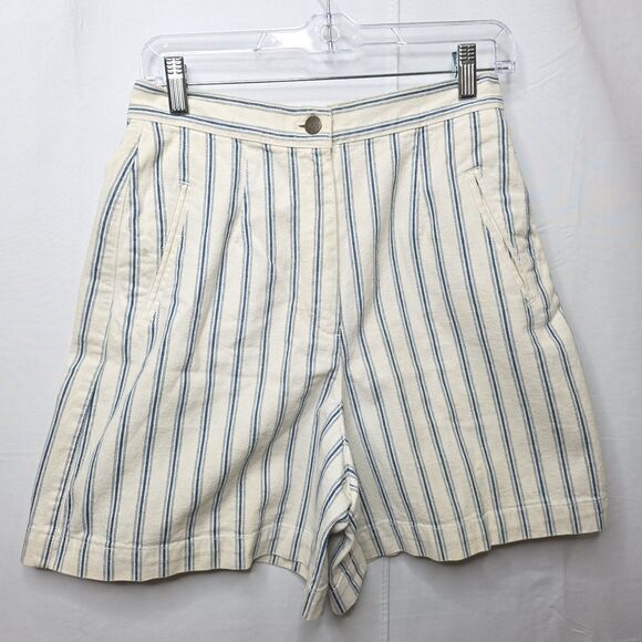 DKNY Jeans Shorts Women 10 Denim White Blue Pinstripe High Waisted Bermuda Mom - Picture 1 of 9